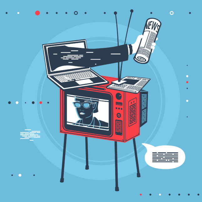 Illustration of a laptop on top of a TV with a hand sticking out, holding a newspaper. -- coverage from STAT