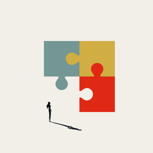 Illustration of three connected puzzle pieces, with a woman standing near the missing/empty puzzle piece space. -- first opinion coverage from STAT