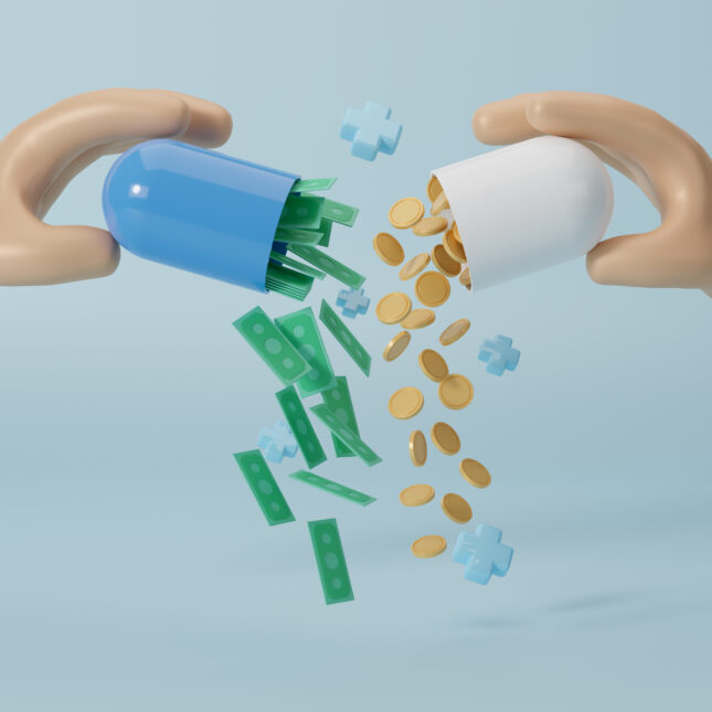 Two doctors' hands opening a capsule, with cash pouring out from the left half and coins coming out from the right half — politics coverage from STAT