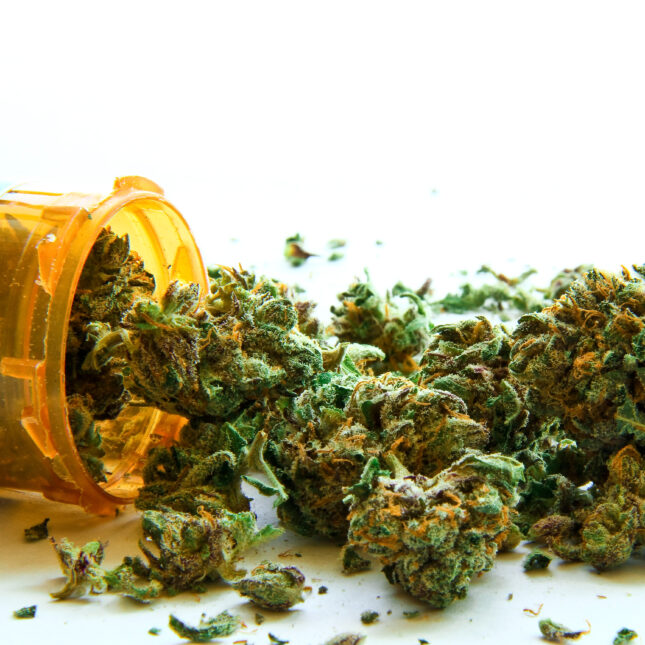 Medical marijuana comes out of a pill bottle laying down — health coverage from STAT