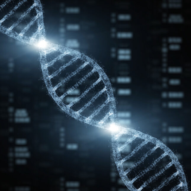 A DNA with light spots on its twisting points tilt in front of a background with lined-up white squares — first opinion coverage from STAT