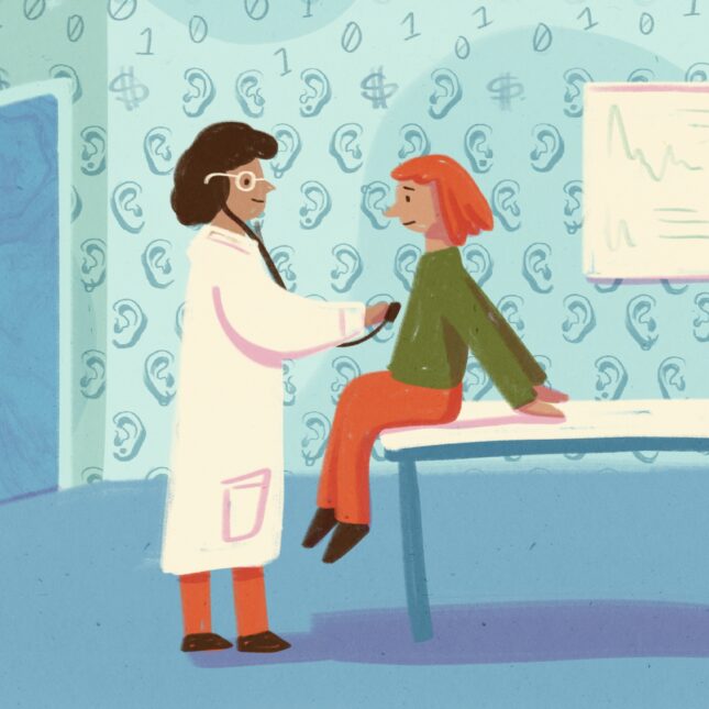 Illustration of a doctor and patient in an exam room with ears, dollar signs, 0s and 1s all over the walls. -- health tech coverage from STAT