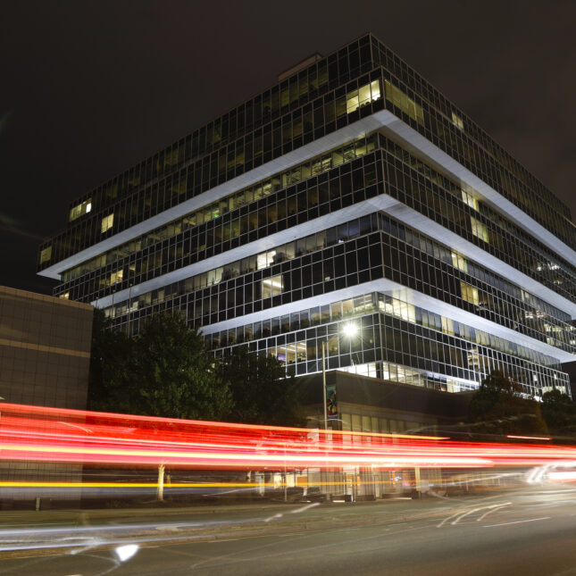 A photograph of Purdue Pharma headquarters Thursday, Sept. 12, 2019, in Stamford, Conn at night. Purdue manufactured Oxycontin and has been at the center of the opioid crisis in the U.S.