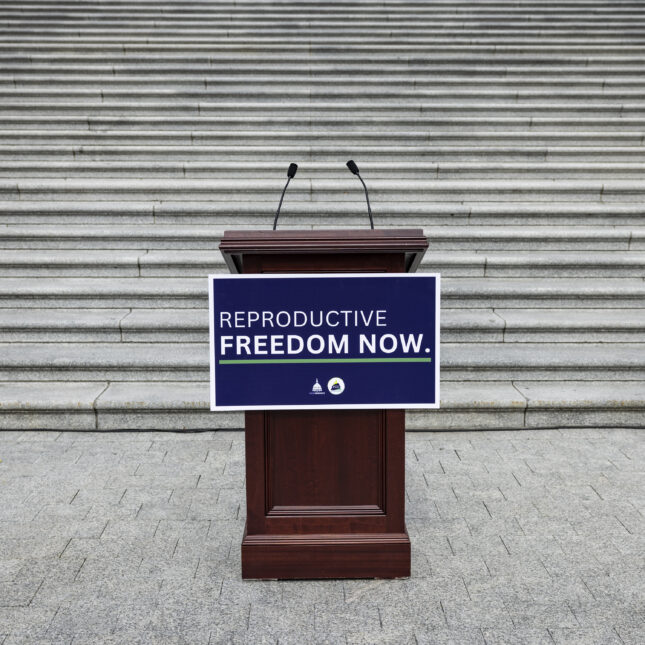 A podium is set up in front of the steps the U.S. House of Representatives ahead of a press conference. -- health policy coverage from STAT