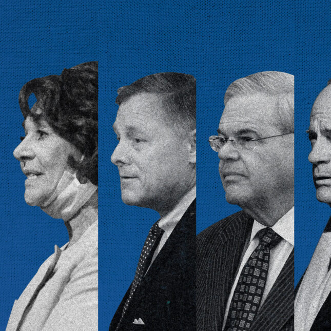 Six blue stripes line up side by side, each contains a black and white photo of a politician looking to their left. From left to right are Rep. Anna G. Eshoo, Sen. Richard Burr, Sen. Bob Menendez, Sen. Tom Carper, Sen. Kyrsten Sinema and Rep. Kurt Schrader.