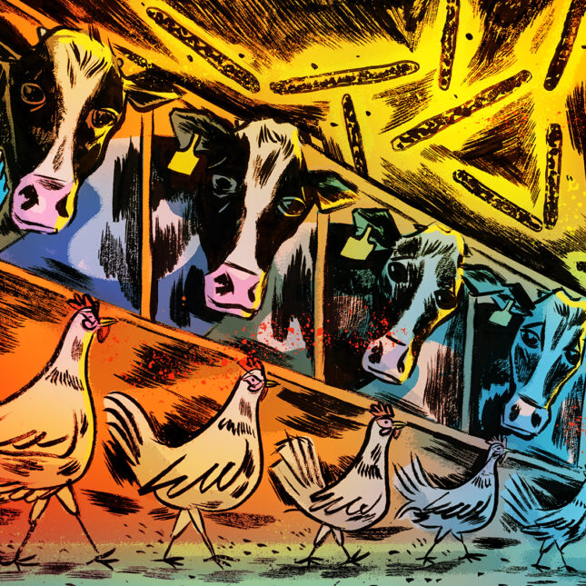 A brightly colored illustrated collage featuring images related to the bird flu including cows, chickens, a doctor and farm worker wearing PPE, virus particles and a close-up face of a person with conjunctivitis