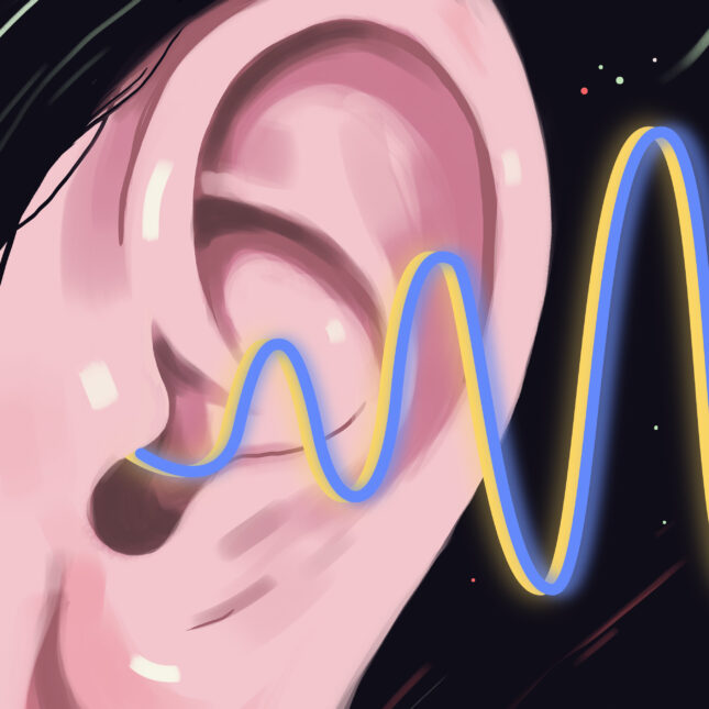 Illustration of sound waves coming out of an ear and at the end of these waves we have a figure trying to push back against them and contain them. -- health coverage from STAT