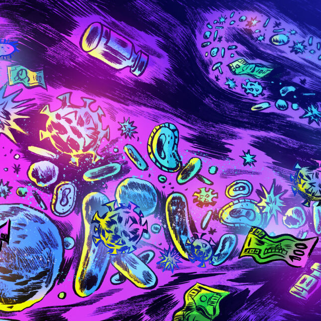 Colorful illustration of a winding current of bacteria, viruses, money, and medicine, fading into the distance